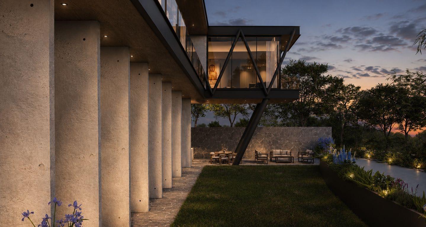 Casa Prisma al atardecer en Estado de México: columnas iluminadas, jardín y volumen suspendido con estructura diagonal